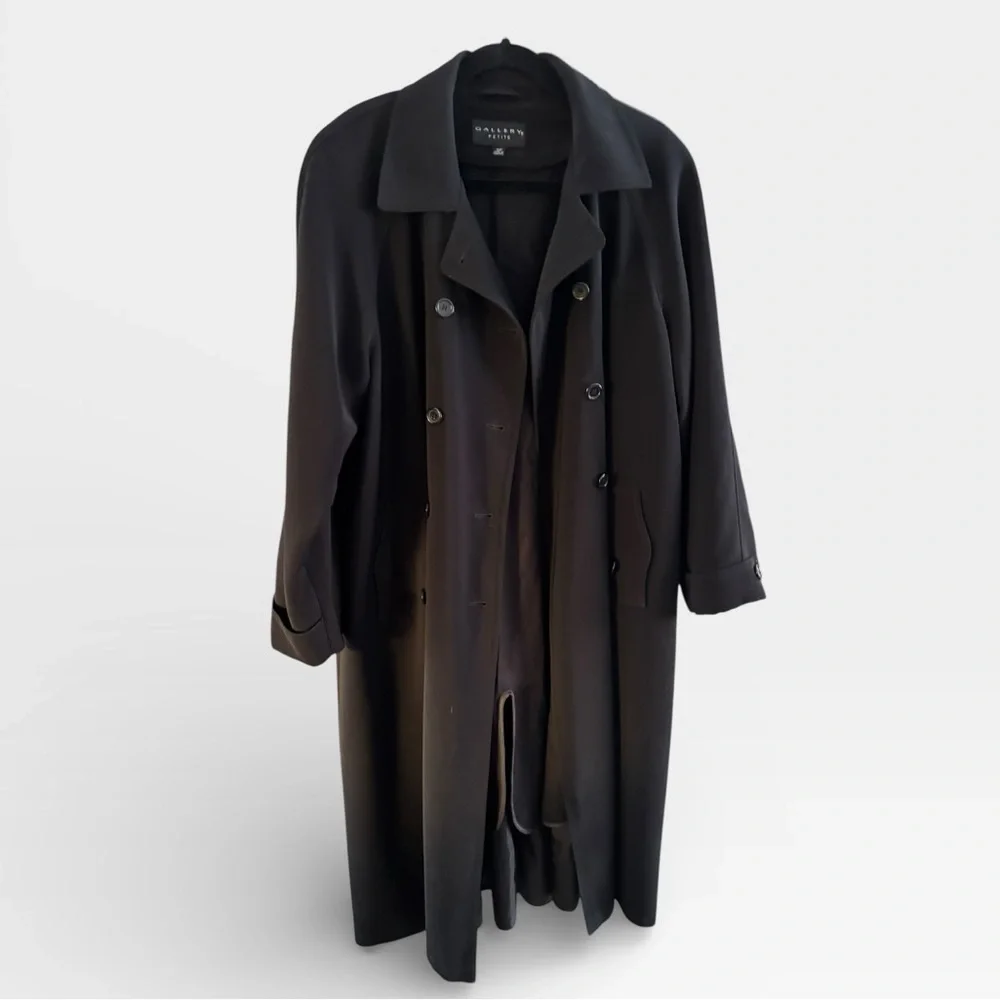 Vintage Gallery Long Black Classic Double Breasted Capsule Trench Coat Size 16P - Picture 5 of 11